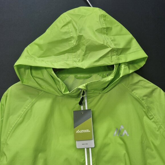 Ushare Outdoor Windbreaker Jacket Neon Green Lightweight Hooded Raincoat - Picture 2 of 8
